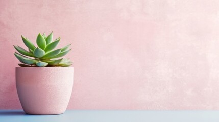 Succulent with soft pink painted concrete wall background. Negative space. Free space for text. Generative AI