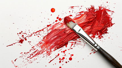 Brush with red paint splatter on white background