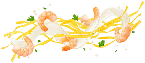 Fettuccine pasta with shrimps and cream sauce isolated on white background - 755918087