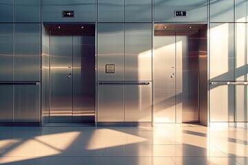 In the grandeur of a contemporary office building, modern elevators seamlessly integrate into the impressive architectural framework, offering efficiency and elegance