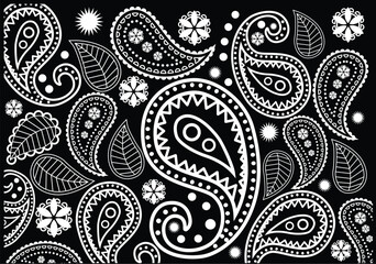 white paisley on a black background