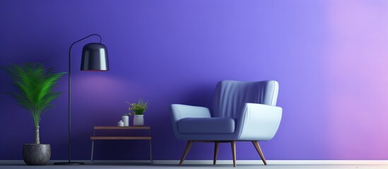 Modern living room interior with ultraviolet home decor featuring a gray armchair against a purple wall and white floor.