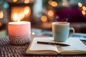 Obraz na płótnie Canvas Cozy atmosphere with an open notebook, a steaming mug, and a lit candle against a fireplace background