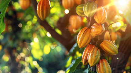 Cacao harvesting theme. Orange color cocoa pods