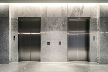 Set against the backdrop of striking architectural lines, modern elevators in a contemporary office building epitomize the fusion of functionality and aesthetics