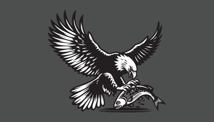 eagle with wings, fish, catching up, flying, eagle design, eagle logo, flying design 