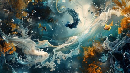Abstract Underwater Scene: A Dance of Marine Life Amidst Flowing Currents