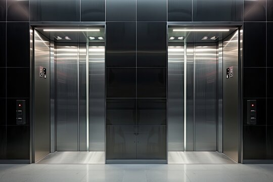 The sleek design of modern elevators enhances the contemporary architecture of the office building, creating a seamless blend of form and function