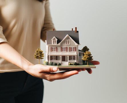 Young Woman Holding Close-Up Model of Charming Family Home: Symbolizing Dreams of Domestic Bliss, Comfort, and Stability. Conceptual Image of Aspirational Homeownership
