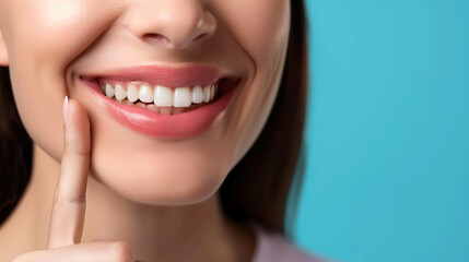 Obraz premium Dentistry, Woman with beautiful teeth. Close-up photo. Woman with beautiful teeth. Pointing finger at his own bright smile. Advertising image.