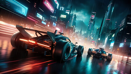 A futuristic car racing tshirt illustration showcasing high-tech, futuristic race cars zooming through a neon-lit cyberpunk cityscape, skyscrapers towering above, illuminated advertisements flashing, 
