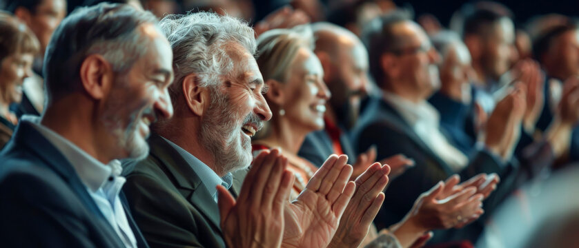 Applause. Happy business people as the audience at a seminar with support or motivation. Smiling team and staff are clapping for success, deal, or celebration in a workshop or conference