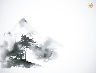 Misty mountain with trees on white background. Traditional Japanese ink wash painting sumi-e. Hieroglyph - spirit