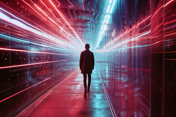 A man stands in a hallway with red and blue lights.