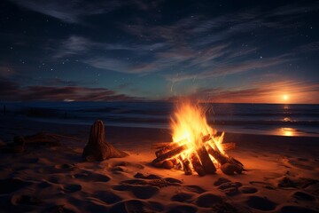 A beach bonfire under a starlit sky