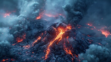 Majestic Volcanic Eruption: A Vivid Display of Molten Lava Flow and Billowing Smoke	