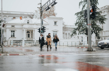 Young business professionals braving snow on city street - winter commute.