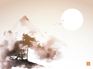 Misty mountain with trees in vintage style. Traditional Japanese ink wash painting sumi-e. Hieroglyph - eternity
