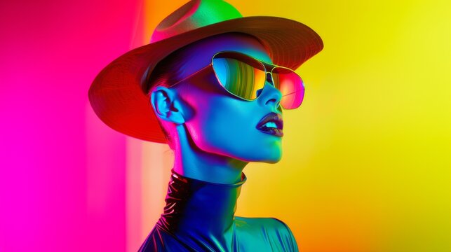Bright fashion portrait of a woman in stylish sunglasses. Colorful, rich colors, unusual image. Fashion and beauty.