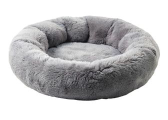 Grey round plush pet bed isolated on a transparent background.