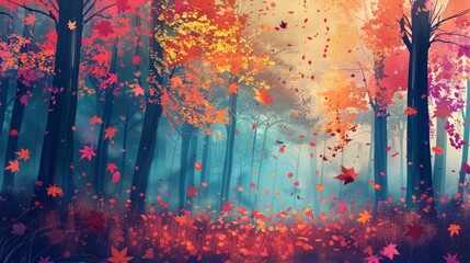 Enchanting Autumn Forest with Vibrant Foliage and Falling Leaves	