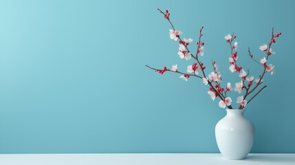 Frühlingsstrauß in einer hellen Vase mit roten und rosafarbenen Blüten vor hellblauem Hintergrund, minimalistische und elegante Osterdekoration, Vase rechts, Hintergrundbild