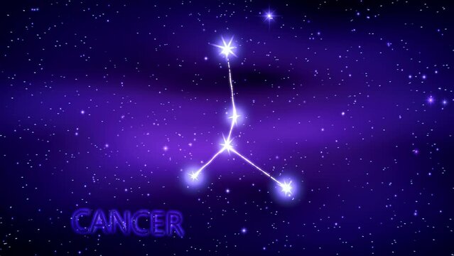 Animation of the Cancer zodiac sign in the cosmic night sky.
The Cancer zodiac sign is a constellation of bright stars connected by luminous lines. Constellation and horoscope symbol. Astronomy.