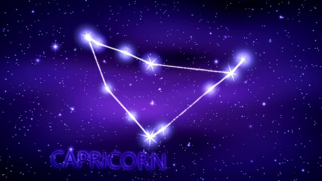 Animation of the Capricorn zodiac sign in the cosmic night sky.
The Capricorn zodiac sign is a constellation of bright stars connected by luminous lines. Constellation and horoscope symbol. Astronomy