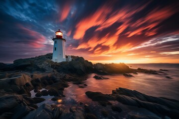 A coastal lighthouse at dusk