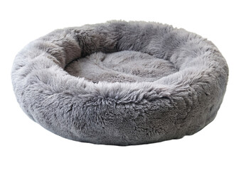 Grey round plush pet bed isolated on a transparent background.