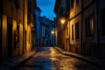 Zelfklevend Fotobehang A quiet street bathed in the colors of blue hour © KerXing