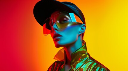 Naklejka premium Bright fashion portrait of a woman in stylish sunglasses and a hat. Colorful, rich colors, unusual image. Fashion and beauty.
