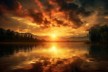 A radiant sunrise over a tranquil lake
