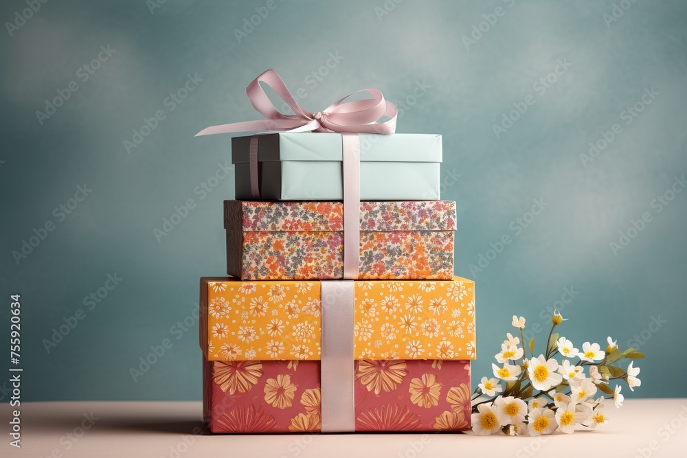 Poster a stack of gift boxes with springtime patterns