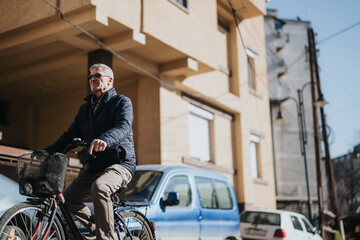 Active senior man with sunglasses cycling in the city, showcasing urban lifestyle and healthy...