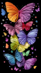 Colorful butterflies on a black background, surrounded by small, glowing orbs.