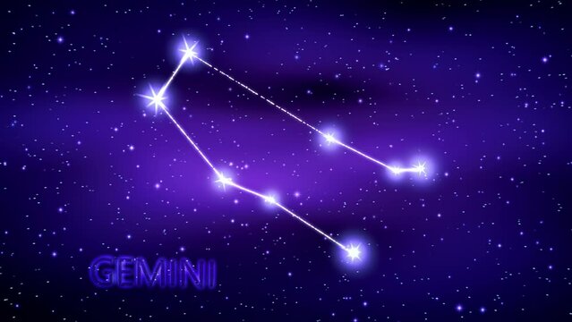 Animation of the Gemini zodiac sign in the cosmic night sky.
The Gemini zodiac sign is a constellation of bright stars connected by luminous lines. Constellation and horoscope symbol. Astronomy.