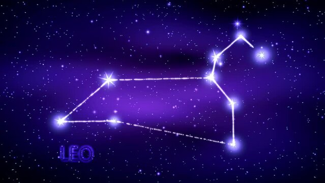 Animation of the Leo zodiac sign in the cosmic night sky.
The Leo zodiac sign is a constellation of bright stars connected by luminous lines. Constellation and horoscope symbol. Astronomy.