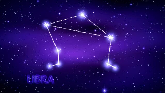 Animation of the Libra zodiac sign in the cosmic night sky.
The Libra zodiac sign is a constellation of bright stars connected by luminous lines. Constellation and horoscope symbol. Astronomy.