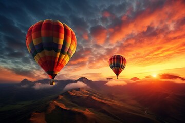 A trio of hot air balloons rising at sunrise - obrazy, fototapety, plakaty