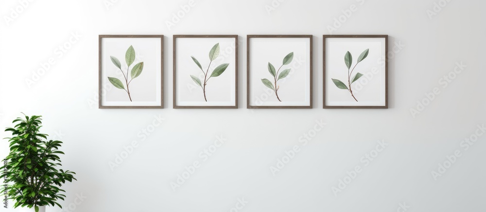 Poster a row of rectangular metal frames with leaf patterns is hanging symmetrically on a white wall, creat
