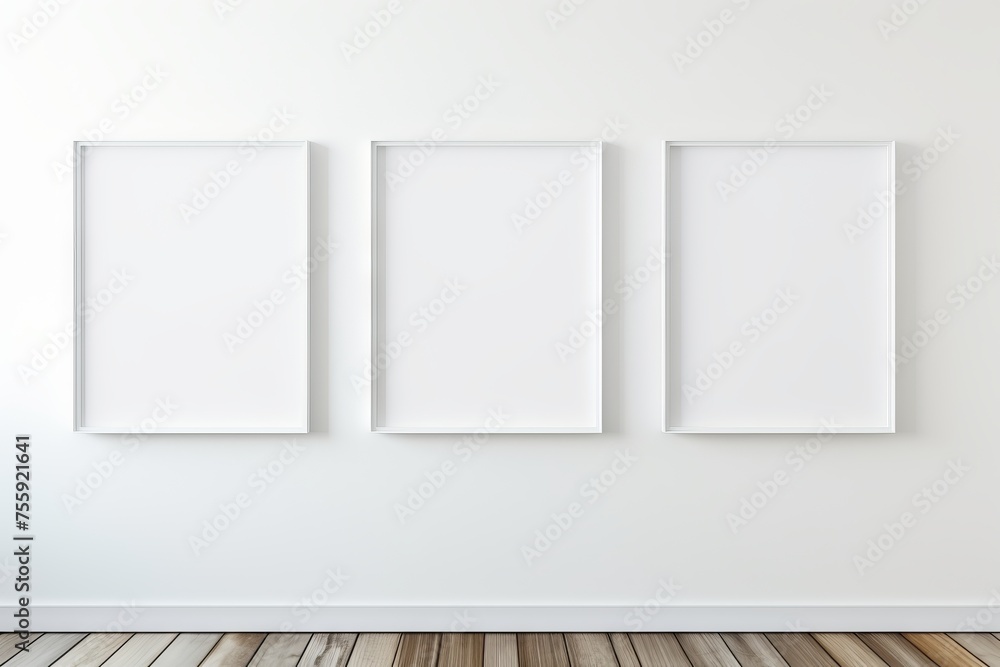 Poster empty frames on white walls in a mock up gallery