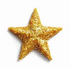 Golden sequined star shaped object isolated on white background.