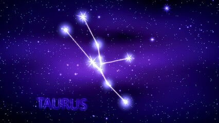 Animation of the Taurus zodiac sign in the cosmic night sky.
The Taurus zodiac sign is a constellation of bright stars connected by luminous lines. Constellation and horoscope symbol. Astronomy.