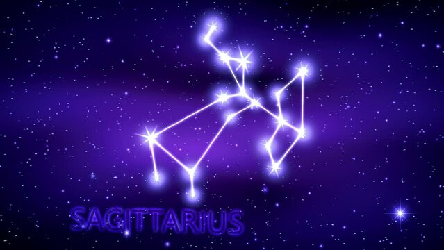 Animation of the Sagittarius zodiac sign in the cosmic night sky.
The Sagittarius zodiac sign is a constellation of bright stars connected by luminous lines. Constellation and horoscope symbol. 
