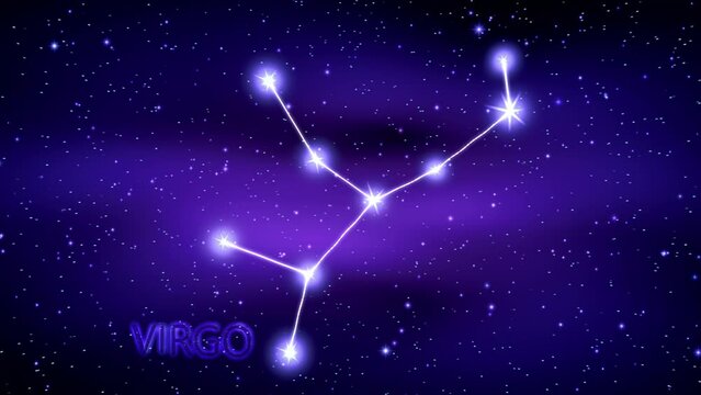 Animation of the Virgo zodiac sign in the cosmic night sky.
The Virgo zodiac sign is a constellation of bright stars connected by luminous lines. Constellation and horoscope symbol. Astronomy.