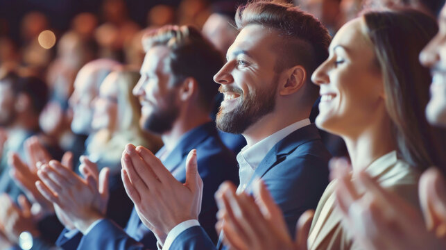 Happy audience applauding at a show or business seminar, theater performance listening and clapping at conference and presentation. Group of supporters, fans cheering excited applauding