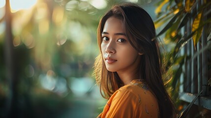 Obraz premium Super-Realistic Depiction: Tanned Malay Woman in Traditional Attire with Natural Lighting generative ai