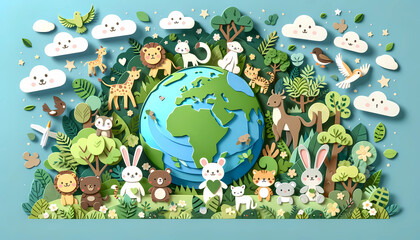 Paper cut art in Earth day Joyful cute animals, and trees within a sustainable planet  - obrazy, fototapety, plakaty