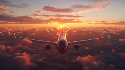 Plane flies above city at sunset, lights illuminating clouds